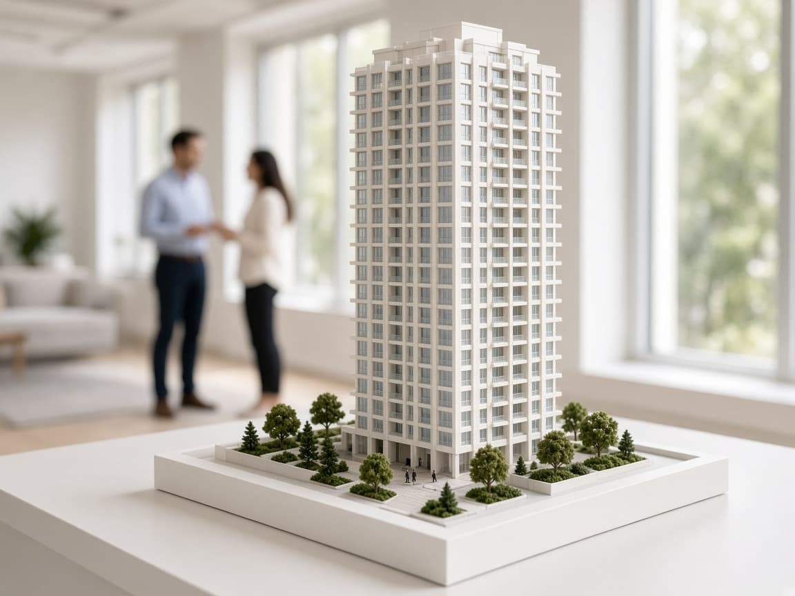 Sales gallery with a residential tower model